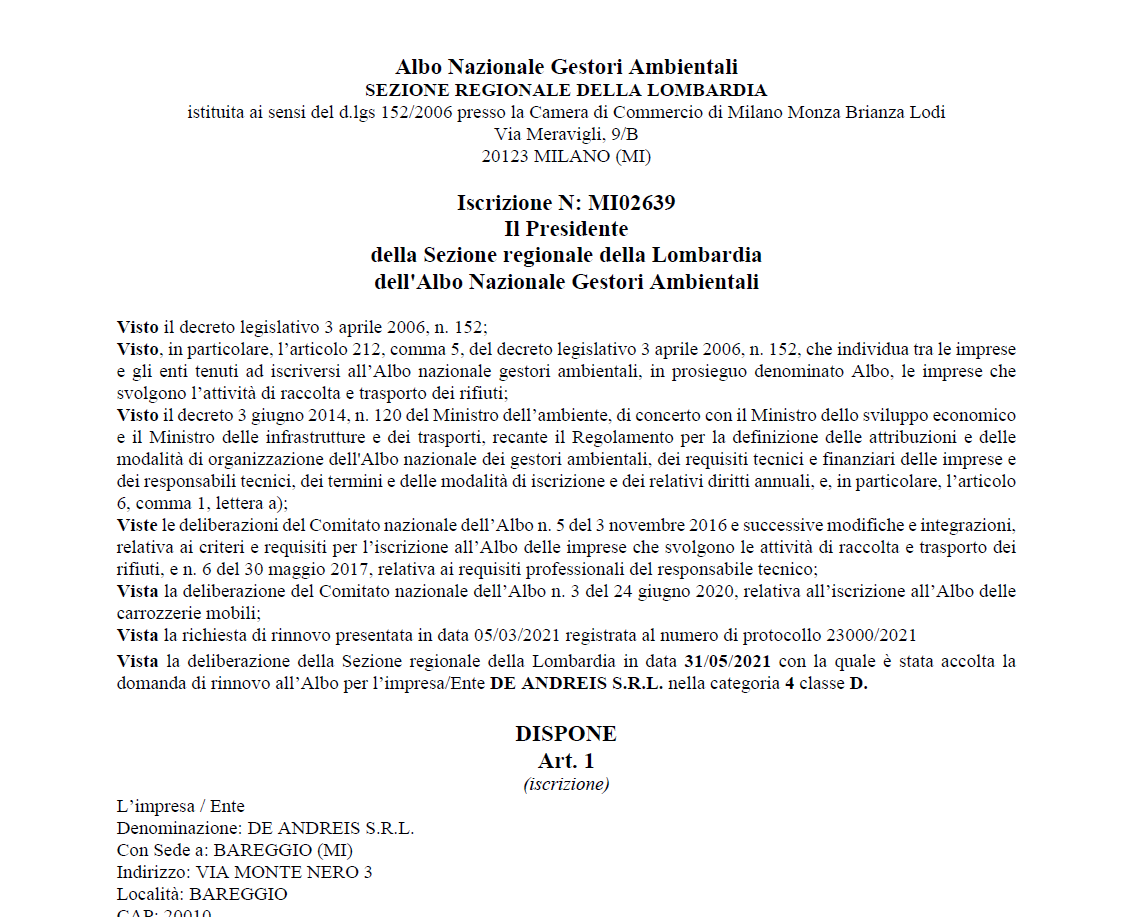 Autorizzazione 4D - Raccolta e trasporto rifiuti non pericolosi
